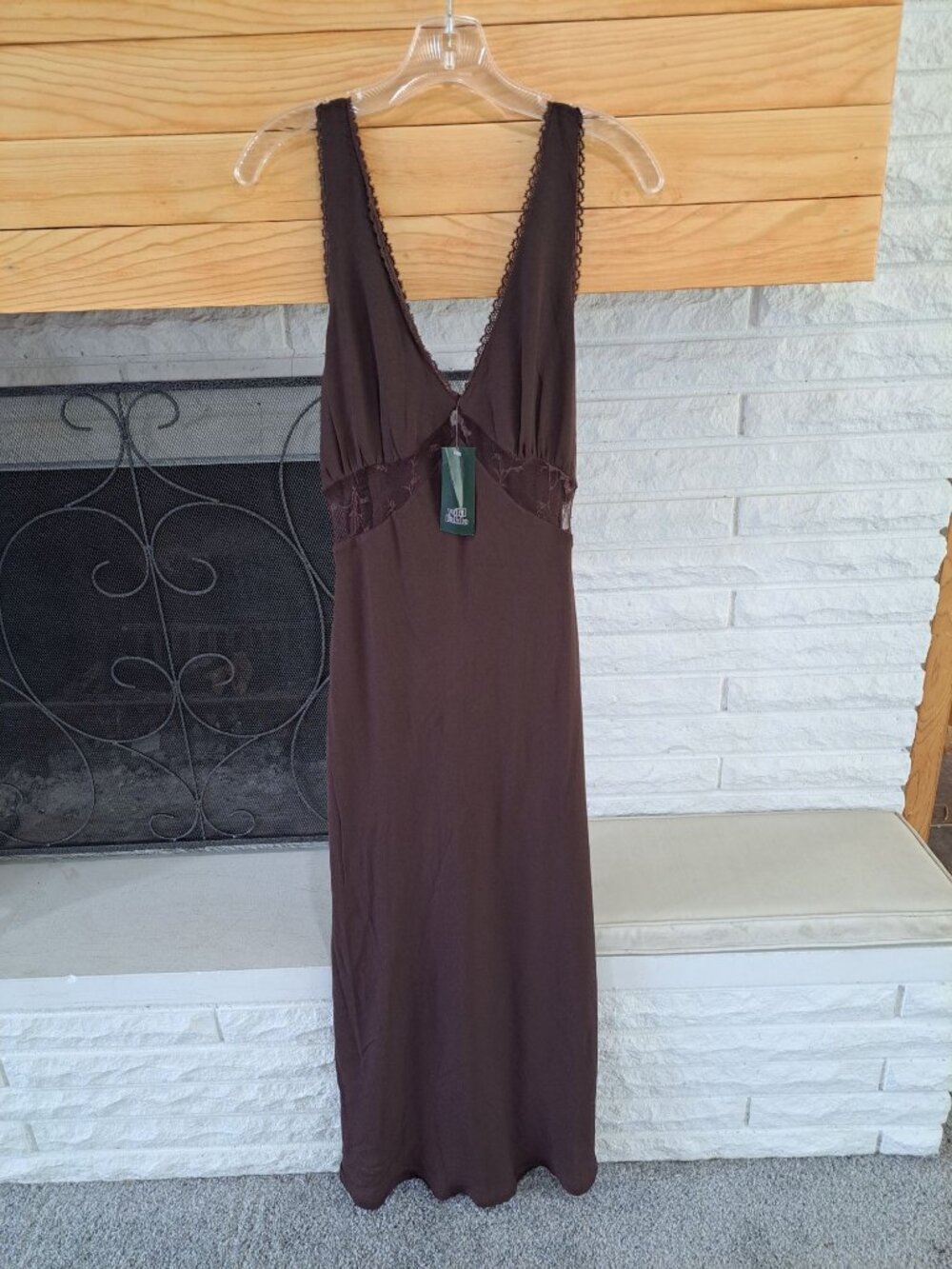 New Wild Fable Brown Lace Trim Maxi Dress Plunging V-Neckline Sheer Mesh M - Picture 2 of 15